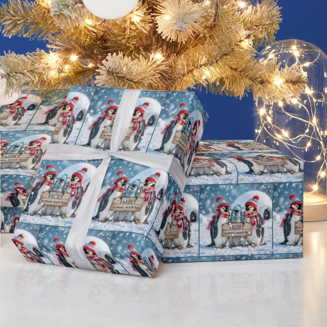 Papier Cadeau Penguins de famille de Noël avec un panneau en boi (Vacances)