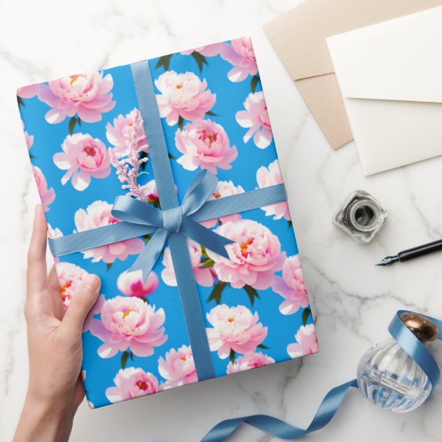 Papier Cadeau Peonies bleu ciel clair - papier d'emballage (Cadeaux)