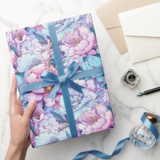 Papier Cadeau Peonies bleu rose Lavande Belle Rouleau de