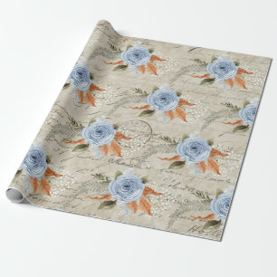 Papier Cadeau Peony Floral Dusty Bleu Vintage Script Ephemera