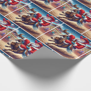 Papier Cadeau Père Noël à cheval sur un rodéo Bull Noël