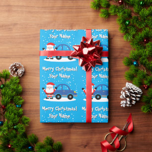 Papier Cadeau Père Noël avec voiture bleue dessin animé Noël pou