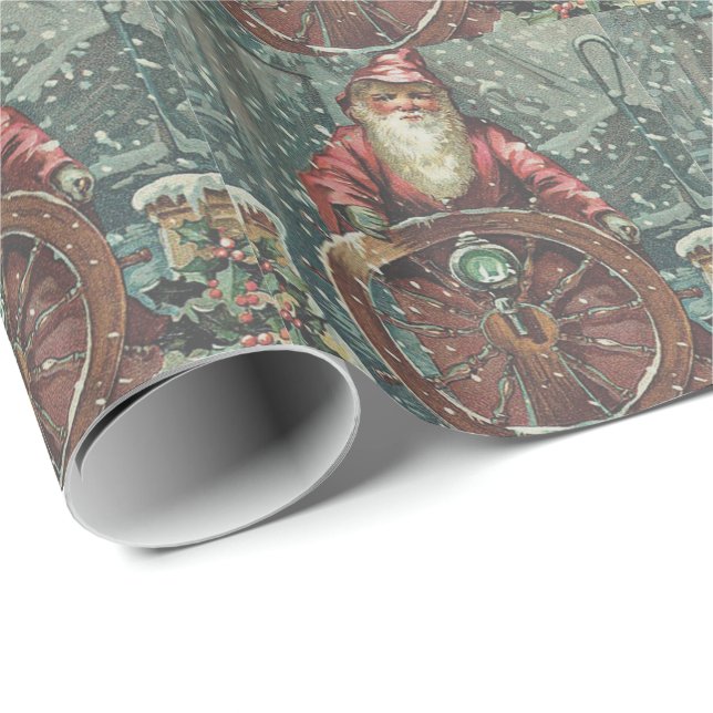 Papier Cadeau Père Noël Bateau Tempête de neige Holly Nautique (Coin rond)