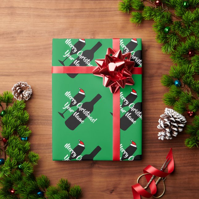 Papier Cadeau père Noël bouteille de vin silhouette vert cadeau  (Cadeau de vacances)