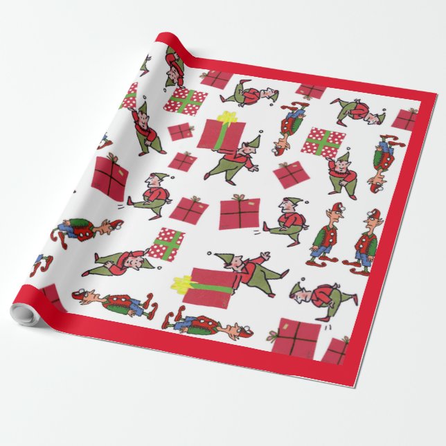 Papier Cadeau Père Noël Christmas Elves papier d'emballage rouge (Déroulé)