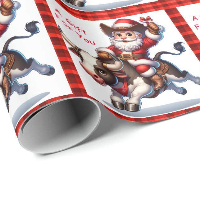 Papier Cadeau Père Noël Cowboy Bull Rider Western Rodeo Noël (Coin rond)