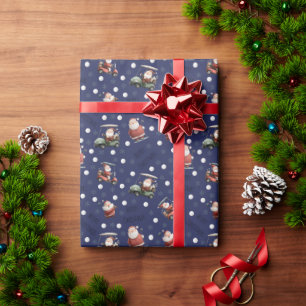 Papier Cadeau Père Noël de golf sur Indigo Blue