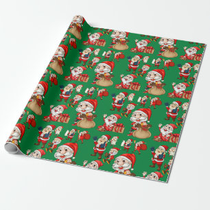 Papier Cadeau Père Noël de Noël drôle vert 