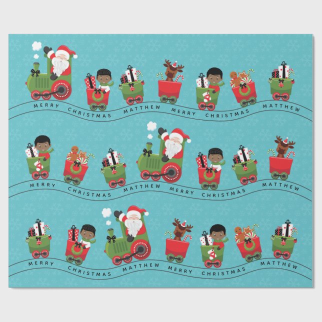 Papier Cadeau Père Noël et Black Boy en train (Plat)