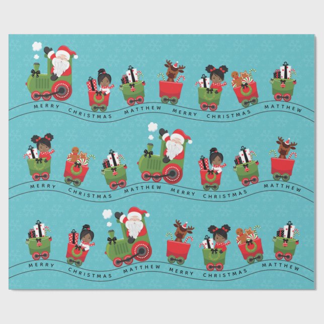 Papier Cadeau Père Noël et fille noire en train (Plat)