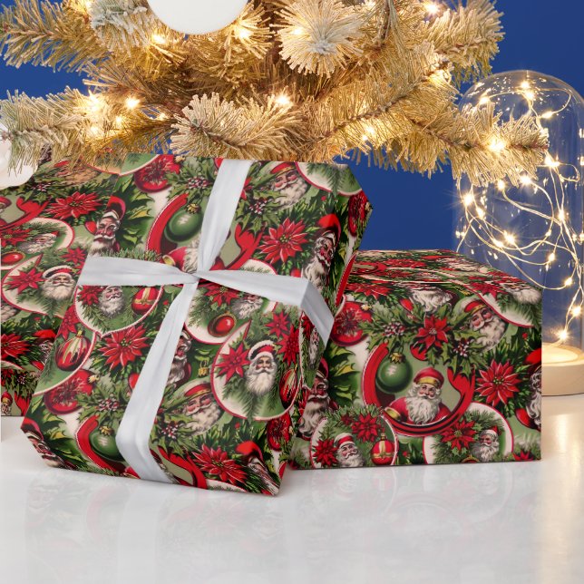 Papier Cadeau Père Noël et Poinsettias (Vacances)