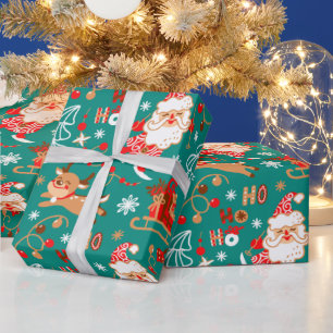 Papier Cadeau Père Noël et rennes de Noël festifs