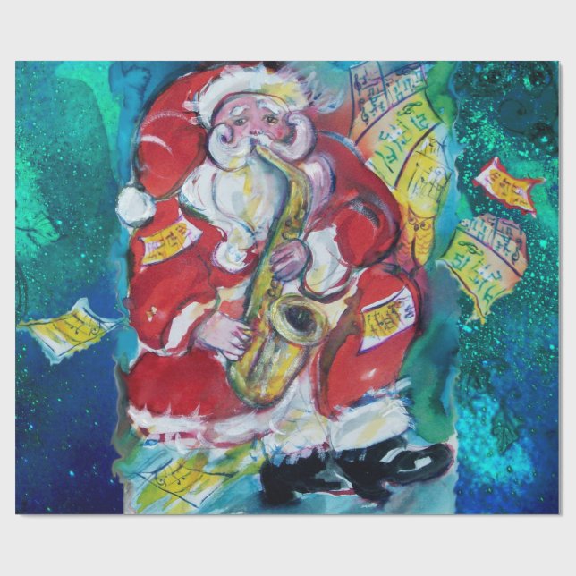 Papier Cadeau PÈRE NOËL ET SAX, FÊTE DE NOËL Bleu Nuit (Plat)