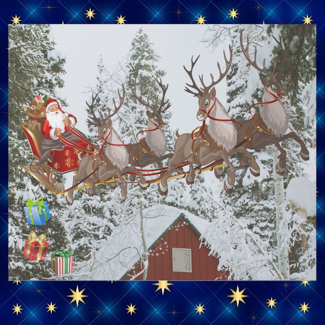 Papier Cadeau Père Noël et ses rennes volent le soir de Noël (Créateur téléchargé)