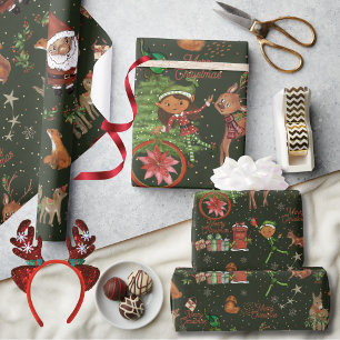 Papier Cadeau Père Noël Fantaisiste Elfe & Amis Noël Vert