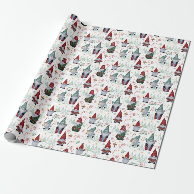 Papier Cadeau Père Noël Gnomes Arbres de Noël Enveloppement Papi (Déroulé)