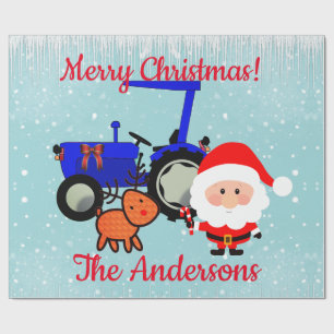 Papier Cadeau Père Noël mignon, renne et tracteur de ferme