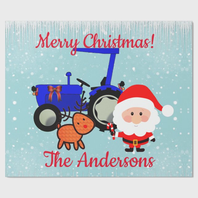 Papier Cadeau Père Noël mignon, renne et tracteur de ferme (Plat)