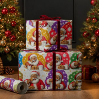 Papier Cadeau Père Noël noir coloré Cookies & Lait Noël
