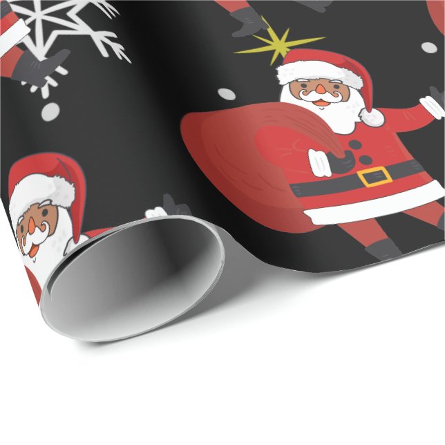Papier Cadeau Père Noël Noire Avec Flammes De Neige Et Étoiles N (Coin rond)
