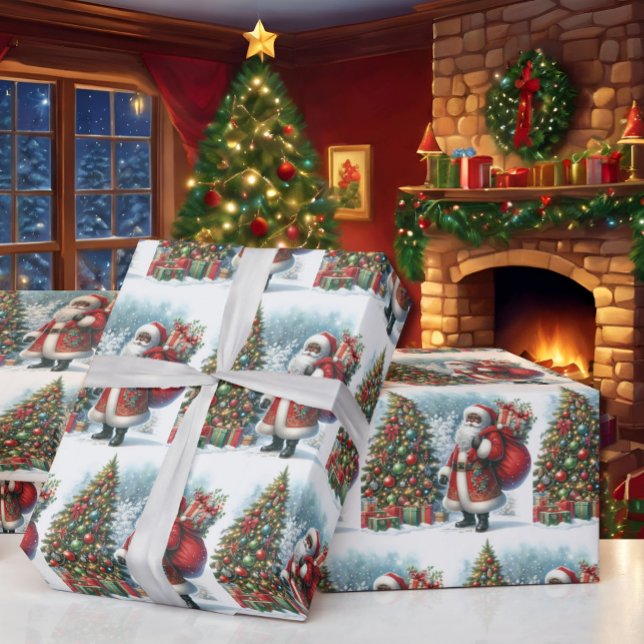 Papier Cadeau Père Noël noire dans l'arbre et les cadeaux de Noë (Créateur téléchargé)