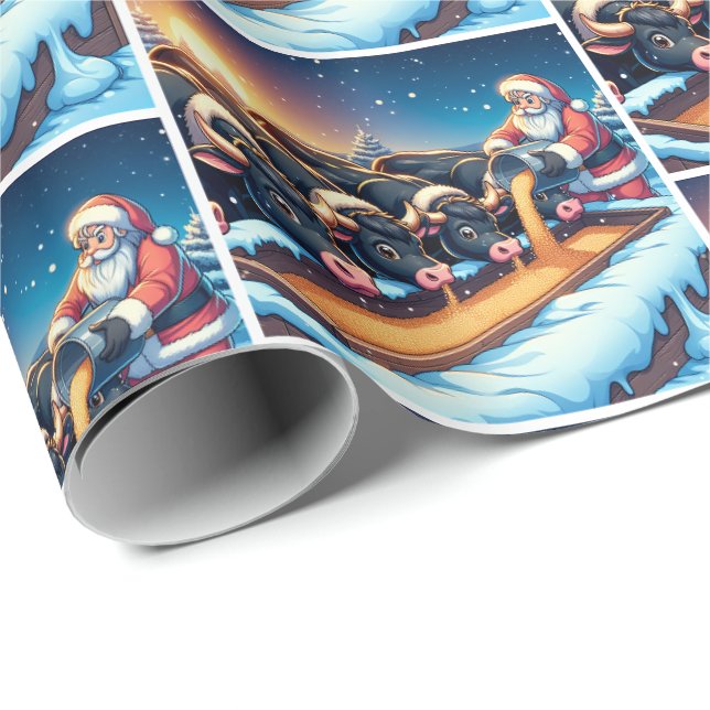 Papier Cadeau Père Noël nourrit ses vaches Noël (Coin rond)