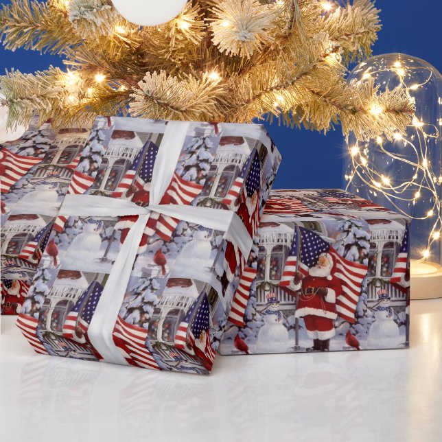 Papier Cadeau Père Noël patriotique de Noël tenant le drapeau am (Vacances)