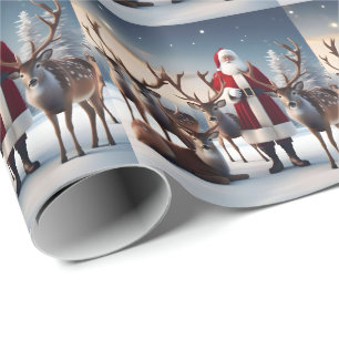Papier Cadeau Père Noël Posant Avec Ses Rennes,