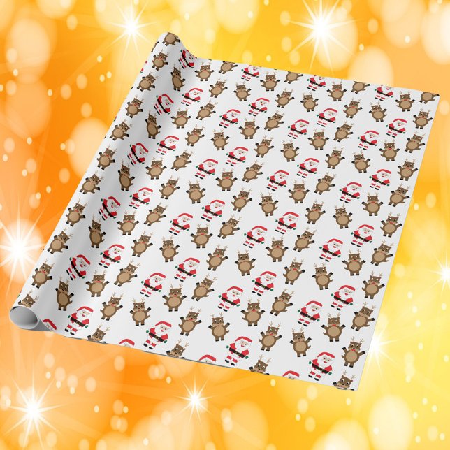 Papier Cadeau Père Noël Red Reindeer White Arrière - plan Motif (Wrapping paper with a pattern of Santa and reindeer.)