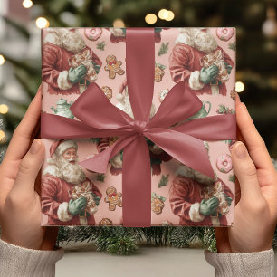 Papier Cadeau Père Noël Rose Vintage et Noël au Pain d'Épice