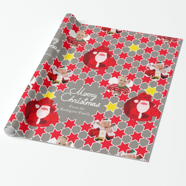 Papier Cadeau Père Noël Star motif gris rouge photo de famille d (Déroulé)