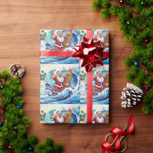 Papier Cadeau Père Noël surfant sur une grosse vague