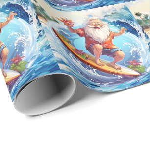 Papier Cadeau Père Noël surfant sur une grosse vague