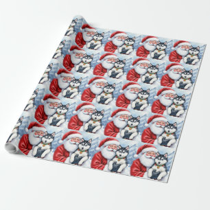 Papier Cadeau Père Noël tenant l'art de Noël de Husky sibérien