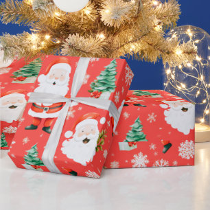 Papier Cadeau Père Noël Trees Snowflakes Noël Rouge