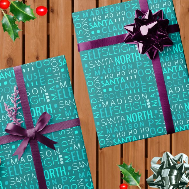 Papier Cadeau Père Noël Typographie Turquoise Blue Cute Ajouter  (This cute teal blue Santa typography Christmas wrapping paper is easy to personalize)