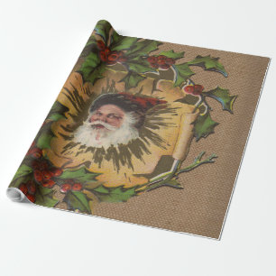 Papier Cadeau Père Noël Vintage Antique Houx Noël