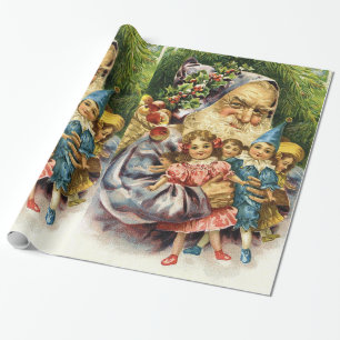 Papier Cadeau Père Noël vintage avec des poupées