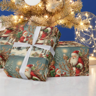 Papier Cadeau Père Noël vintage avec enfants, rennes et cadeaux