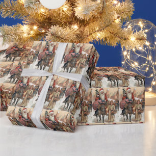 Papier Cadeau Père Noël vintage de Noël sur un âne carrelé