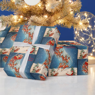 Papier Cadeau Père Noël vintage Sleigh et vol de renne