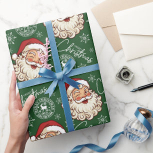 Papier Cadeau Père Noël Vintage Vert Timbre du Pôle Nord Après N