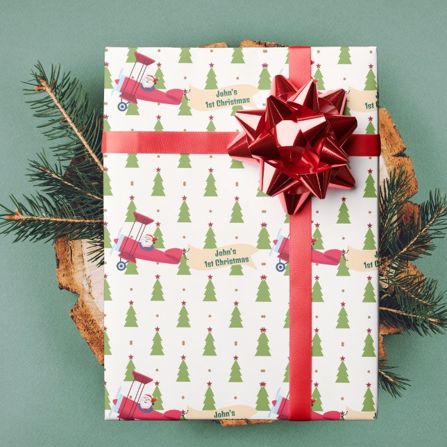 Papier Cadeau Père Noël Vol Avion, Premier Noël, Personnalisé (Créateur téléchargé)