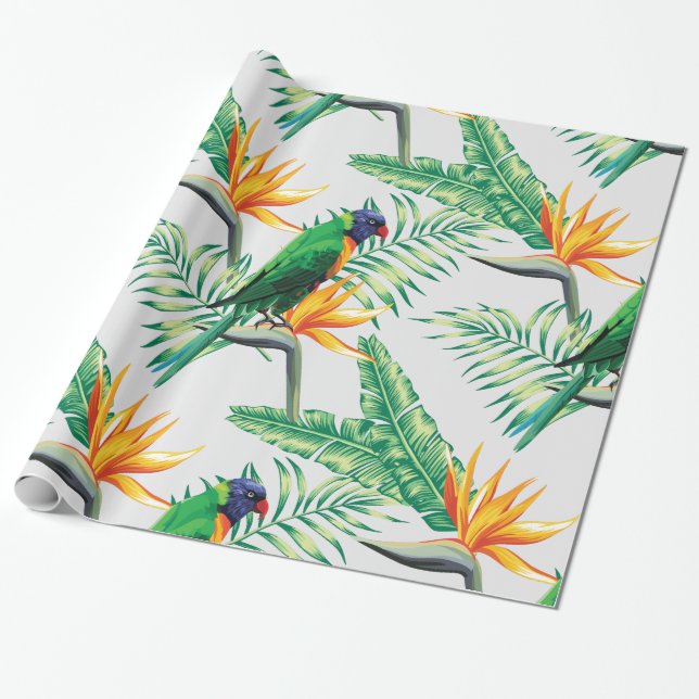 Papier Cadeau Perroquet Exotique Et Fleurs Oranges (Déroulé)