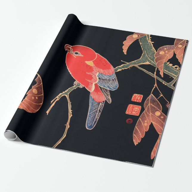Papier Cadeau Perroquet rouge sur la branche d'un arbre par Ito  (Déroulé)