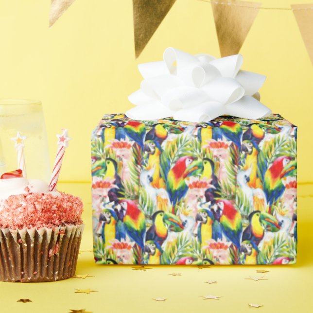 Papier Cadeau Perroquets Et Feuilles De Palmiers (Fête d'anniversaire)