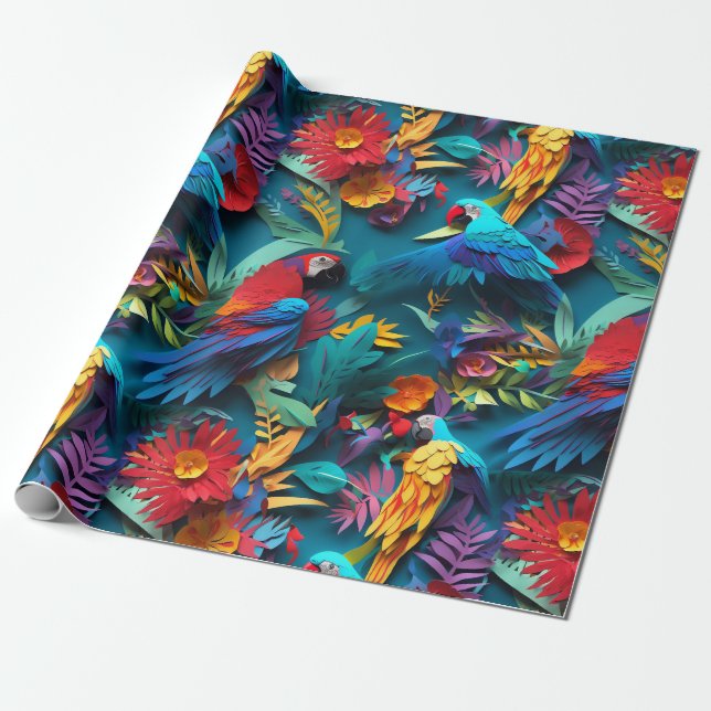 Papier Cadeau Perroquets Floral Kirigami (Déroulé)