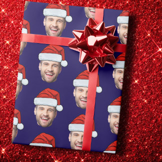 Papier Cadeau Personalised Dark Blue Face Santa Hat Gift Wrap