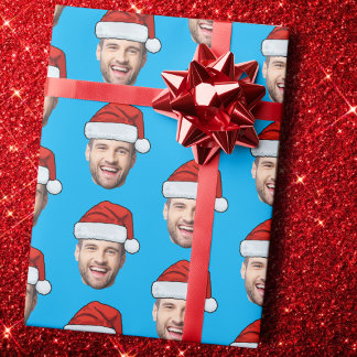 Papier Cadeau Personalised Face Santa Hat Blue Gift Wrap