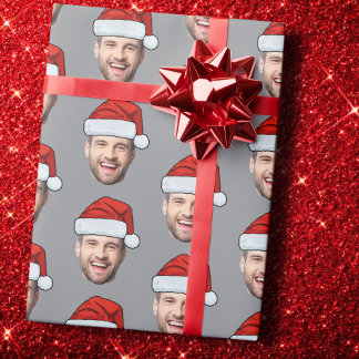 Papier Cadeau Personalised Face Santa Hat Grey Gift Wrap